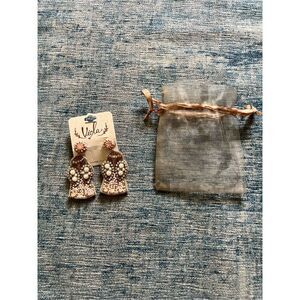 New! Viola Pink Metallic Gold White Beaded Faux Pearl Angel Earrings